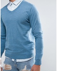 Asos V Neck Cotton Sweater In Pale Blue