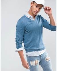 Asos V Neck Cotton Sweater In Pale Blue