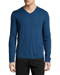 Neiman Marcus Wool V Neck Modern Fit Sweater Marine Blue