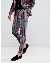 ASOS DESIGN Skinny Suit Trousers In Blue And Burgundy Velvet Stripe