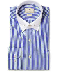 Hackett Blue Slim Fit Striped Contrast Collar Cotton Shirt