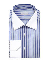 Stefano Ricci Contrast Collar Dash Striped Dress Shirt Blue