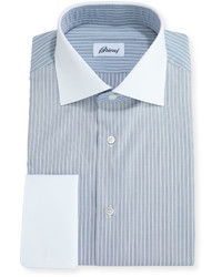 Brioni Striped Dress Shirt With Contrast Collar Cuffs Navy