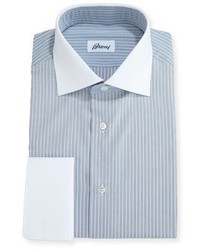 Brioni Striped Dress Shirt With Contrast Collar Cuffs Navy