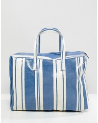 Blue Vertical Striped Leather Tote Bag