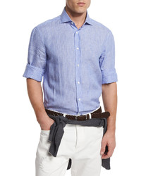 Blue Vertical Striped Linen Long Sleeve Shirt