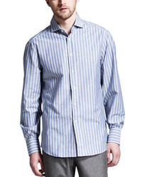 Brunello Cucinelli Striped Spread Collar Shirt Bluebrown