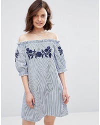 Parisian Off Shoulder Stripe Dress With Embroidery