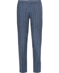 Club Monaco Blue Sutton Slim Fit Striped Slub Linen Trousers