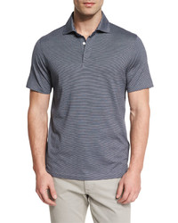 Ermenegildo Zegna Micro Striped Cotton Blend Short Sleeve Polo Shirt Navy