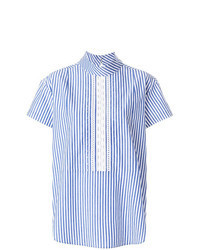 Blue Vertical Striped Short Sleeve Blouse