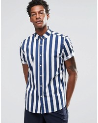Asos Brand Shirt With Breton Stripe In Navy With Short Sleeves In Regular Fit