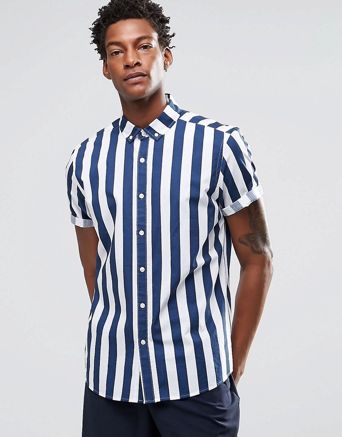 Asos Brand Shirt With Breton Stripe In Navy With Short Sleeves In ...