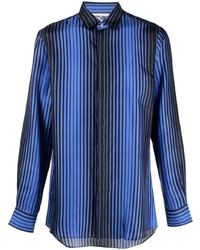 Blue Vertical Striped Silk Long Sleeve Shirt