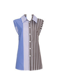 Blue Vertical Striped Sleeveless Button Down Shirt