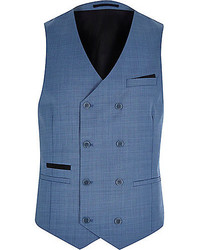 River Island Blue Double Breasted Wool Blend Vest