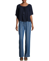 Chelsea & Theodore Wide Leg Pull On Chambray Pants Blue