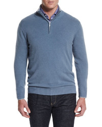 Neiman Marcus Cashmere Half Zip Pullover Sweater Blue