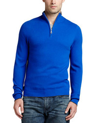Neiman Marcus Tipped Pique 14 Zip Sweater Blue