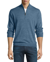 Neiman Marcus Wool Blend Quarter Zip Mock Neck Sweater Ocean