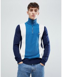 Pretty Green Zip Funnel Neck Block Stripe Jumper In Blue