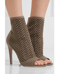 Gianvito Rossi 105 Perforated Stretch Knit Ankle Boots Mushroom