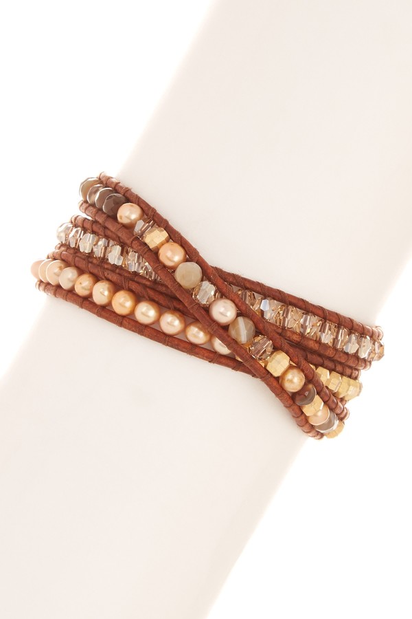 Chan Luu 4mm Freshwater Champagne Pearl Mix Beaded Leather Wrap