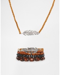 Asos Brand Beaded Necklace And Bracelet Pack With Feather