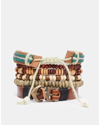 Asos Brand Leather Bracelet Pack With Green Beads