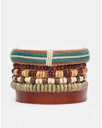 Asos Brand Leather Bracelet Pack With Green Beads