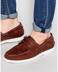 Asos Brand Boat Shoes In Tan With White Sole And Ticking Stripe Linings