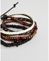 Asos Bracelet Pack In Brown With Red Highlights