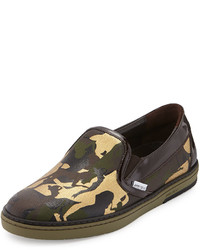 Brown Camouflage Leather Slip-on Sneakers