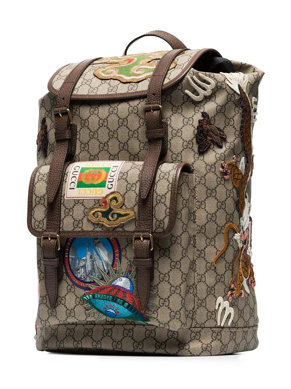 hat entanglement Afdæk Gucci Beige And Brown Gg Multi Patch Backpack, $2,104 | farfetch.com |  Lookastic