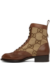 Gucci Brown Beige Maxi Gg Lace Up Boots