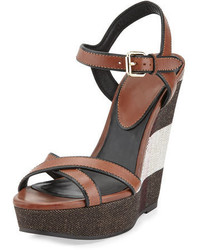 Brown Check Leather Wedge Sandals