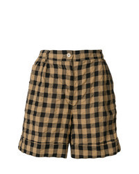 Brown Check Linen Shorts