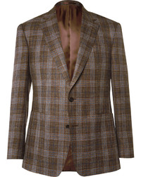 Gieves Hawkes Brown Slim Fit Check Wool Silk And Linen Blend Blazer