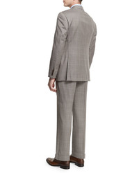 Armani Collezioni G Line Windowpane Two Piece Wool Suit Tan