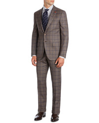 Isaia Windowpane Super 140s Wool Two Piece Suit Light Brownblue