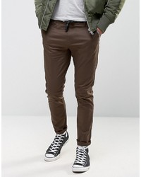 Asos Skinny Chinos With Reflective Detail And Shoelace Belt In Dark Brown