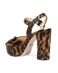 Prada 105 Leopard Print Calf Hair Platform Sandals