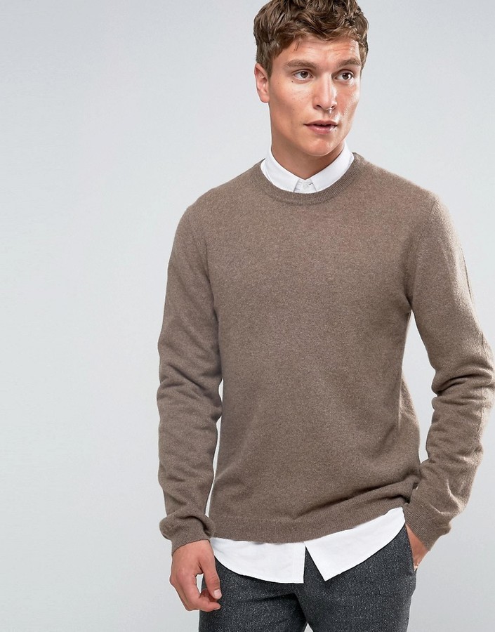 Asos Cashmere Crew Neck Sweater In Light Brown, $78 | Asos | Lookastic