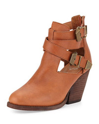 Jeffrey Campbell Watson Buckled Cutout Leather Bootie Tanbronze