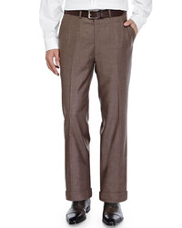 Brioni Twill Flat Front Trousers Brown
