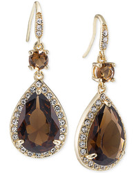 Carolee Gold Tone Brown Crystal Double Teardrop Earrings