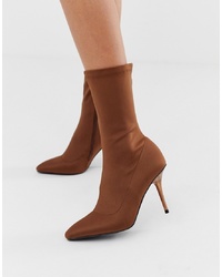 Missguided Heeled Sock Boot In Chocolate