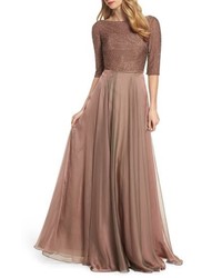 Brown Embellished Chiffon Evening Dress
