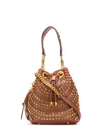 Brown Embellished Leather Bucket Bag