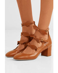 Chloé Mike Bow Embellished Leather Mary Jane Pumps Tan